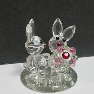 Bunny Rabbits & Flowers Mini Figurine wMirror Base ?Swarovski Glass Baron?